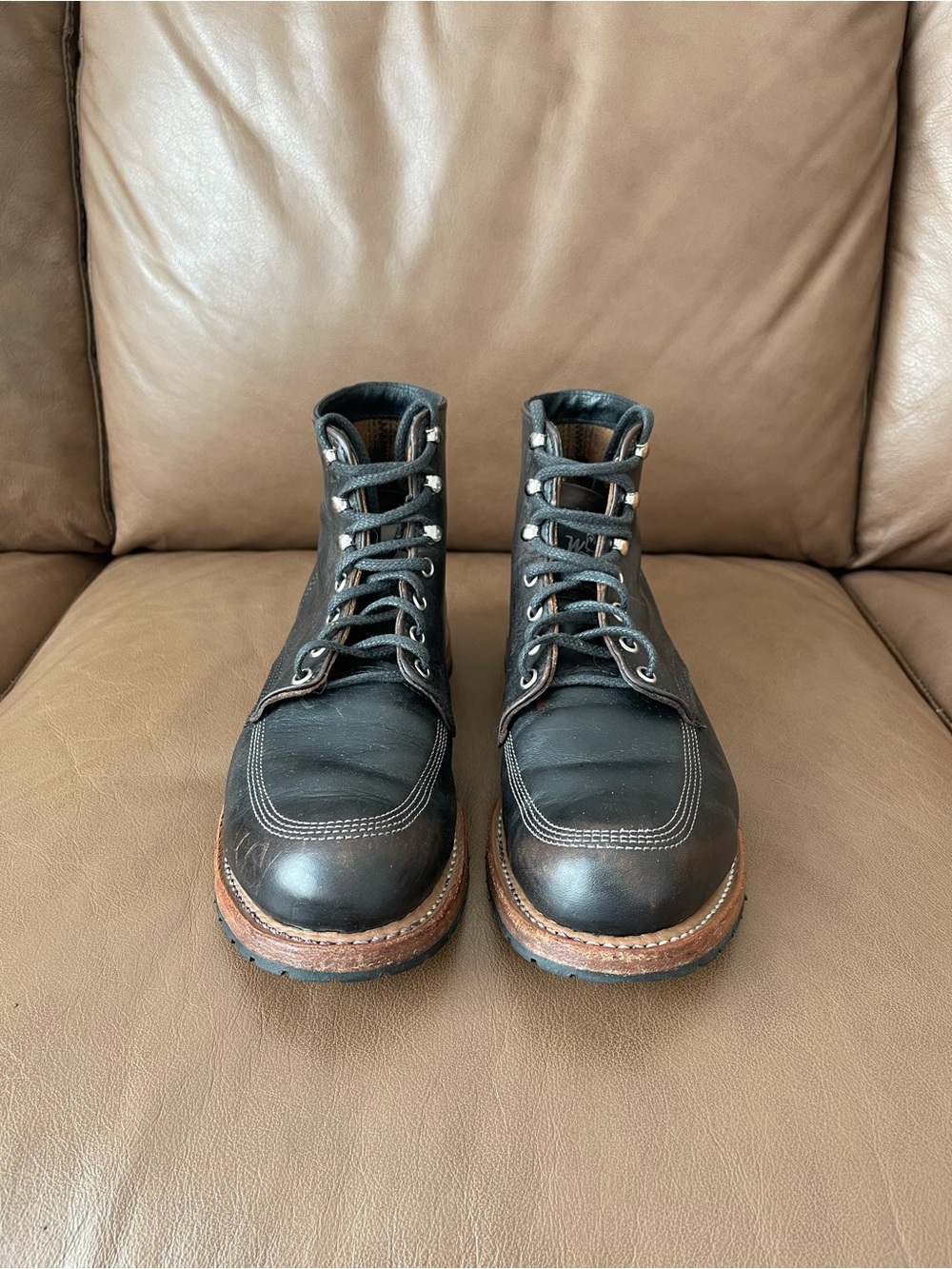 Men's Black Leather Moc Toe Lace-Up Work Boots